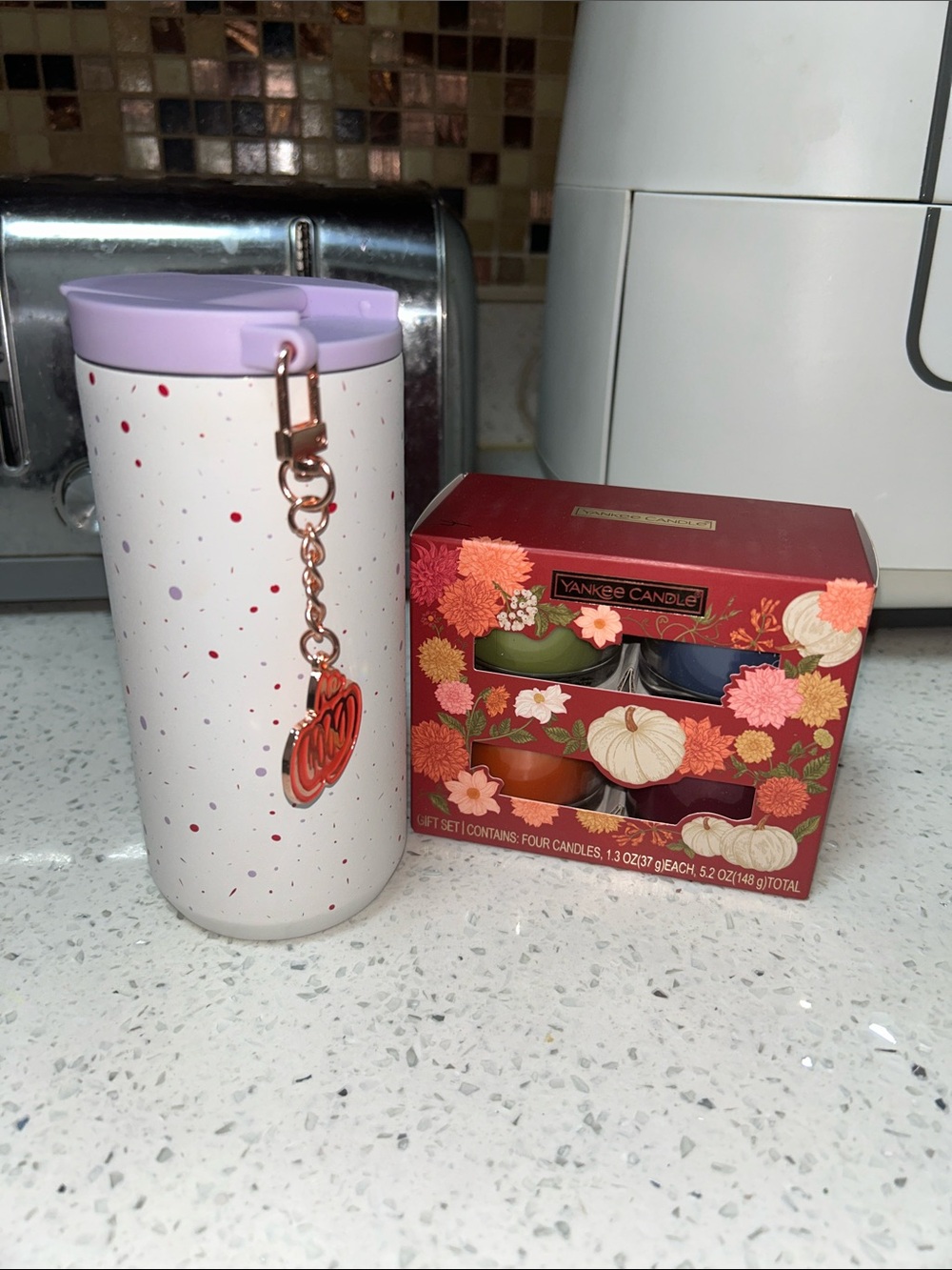 Starbucks Lavender Speckled Travel Tumbler with Rose Gold Charm